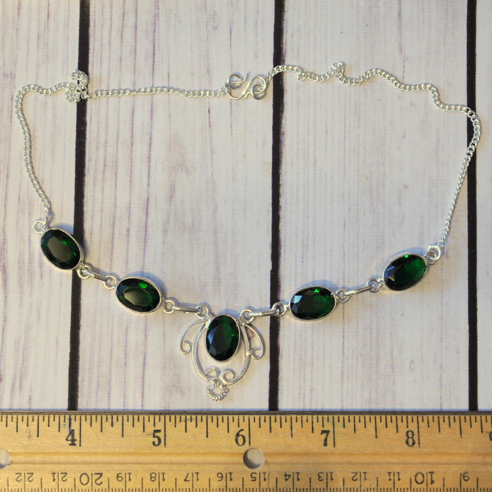 rhodium 925 sterling silver necklace green gem